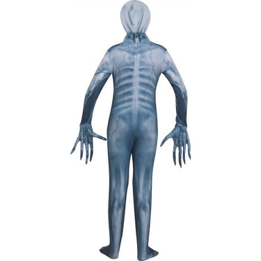 Alien Invader child costume with hooded alien mask, full-body skin suit, and attached long finger gloves – ideal for Halloween or sci-fi themed parties - FunWorld - Party Shop