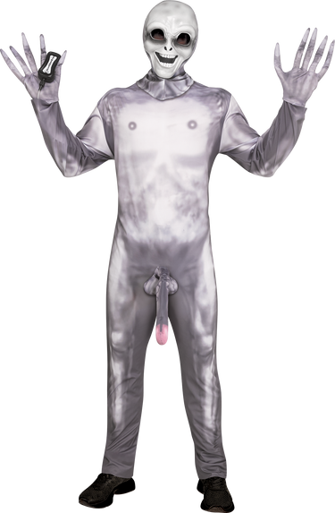 Adult Alien Prober costume with jumpsuit, alien mask, and inflatable gag prop – funny extraterrestrial outfit for Halloween or costume parties. - funworld - Party shop