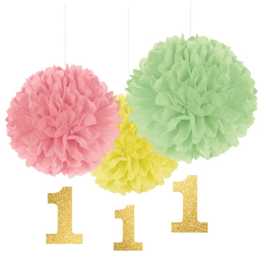 Amscan - Boules Décoratives En Papier 16Po (3) Avec Décorations Suspendues - 1 An Fille (Pastel) - Party Shop