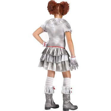 Carnevil Clown child costume with knee-length dress, gloves, knee-highs, and ruffle boot cuffs – creepy carnival Halloween outfit for kids - FunWorld - PArty shop