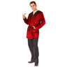 Adult in red velvet Casanova smoking jacket costume with black lapels, belt, and pipe – ideal for Halloween or retro-themed party - FunWorld - Party Shop
