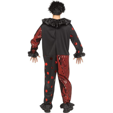 Chrome Clown adult costume with metallic jumpsuit, creepy full mask, and ruffled collar – perfect for Halloween or gothic circus horror themes. - FunWorld -Party Shop