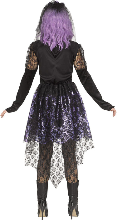 Dark Señorita costume for adult women – black and amethyst gothic dress with skeleton floral print and headpiece – perfect for Halloween - FunWorld - Party Shop