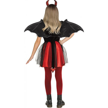 Devil costume for girls – red dress with sparkly horns, tail, mesh skirt, and leather-look wings – perfect for Halloween or costume parties - FunWorld - Party Shop