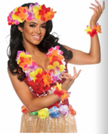 Underwraps - Hawaiian accessory kit with colorful skirt, lei necklace and wrist cuffs. Tropical costume set perfect for luau, beach parties, Halloween, carnival and cosplay. - Party shop