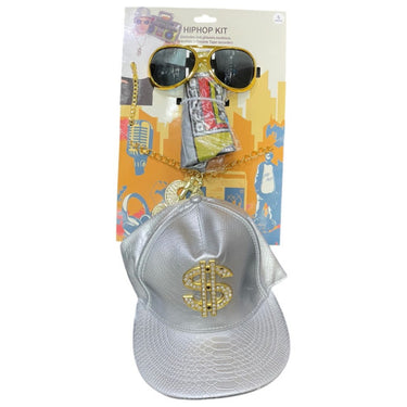 KBW Global - Hip Hop costume kit with dollar-sign cap, gold chain, bracelet, sunglasses and inflatable boombox – funny 90s rap outfit for Halloween, retro parties or music events – Party Shop