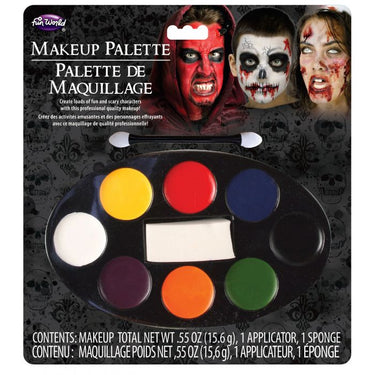 Horror makeup kit with 8-color palette, brush, and sponge. Perfect for Halloween, zombie, vampire, skeleton, or cosplay looks. Suitable for kids and adults. - Funworld - Party Shop
