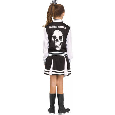 Kids Scare Squad cheerleader costume with varsity jacket and pleated skirt – skeleton themed Halloween outfit perfect for costume parties- FunWorld - Party shop