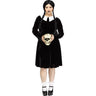 Plus size Gothic Girl costume with black panne dress, long sleeves, knee-length skirt, and collar – elegant Halloween outfit for women- FunWorld - Party Shop
