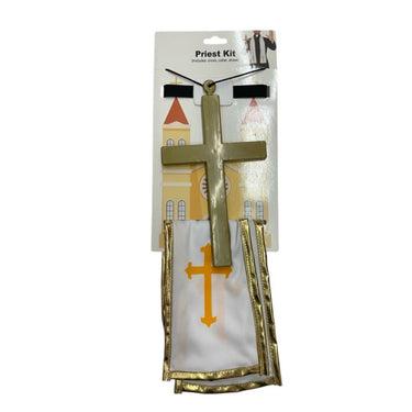 KBW global - Deluxe Priest Costume Kit for adults with clerical collar, cross necklace and gold-trimmed stole. Perfect for Halloween, church plays and themed parties - Party Shop