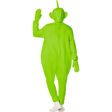 Adult wearing official Teletubbies Dipsy costume – green jumpsuit with hood and mittens, perfect for Halloween or 90s themed parties - Inspirit - Party Shop