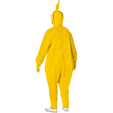 Adult wearing official Teletubbies Laa-Laa costume – yellow jumpsuit with mittens and hood, perfect for Halloween or 90s nostalgia parties - Inspirit - Party Shop