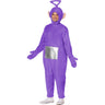 Adult wearing official Teletubbies Tinky Winky costume – purple jumpsuit with mittens and hood, perfect for Halloween or 90s themed events - Inspirit - Party Shop