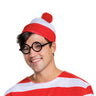 Where’s Waldo costume accessory set – red and white striped hat with pompom and round black glasses – perfect for Halloween, cosplay, and themed parties.- Disguise - Party Shop